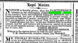 Megson patnershhip dissolved 1865